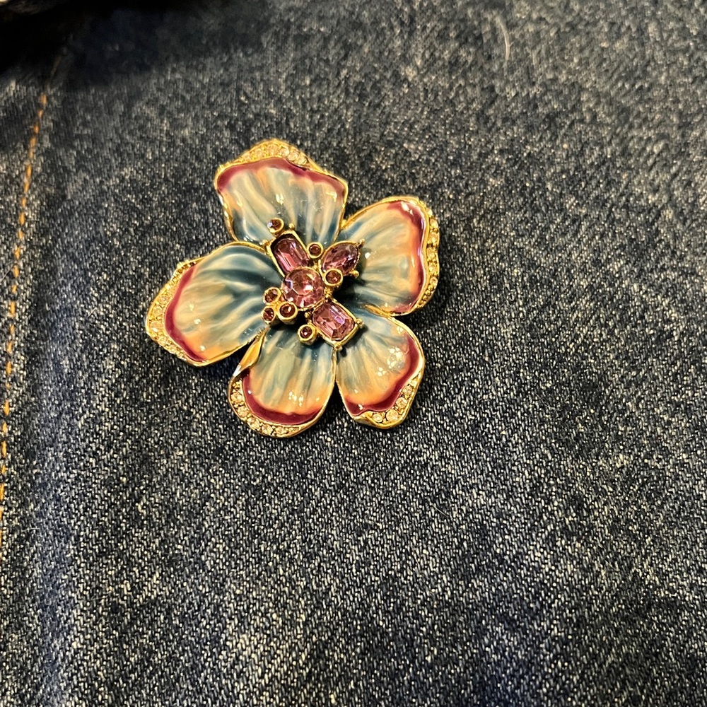 Liz Claiborne Blue and Purple Enamel Flower Brooch